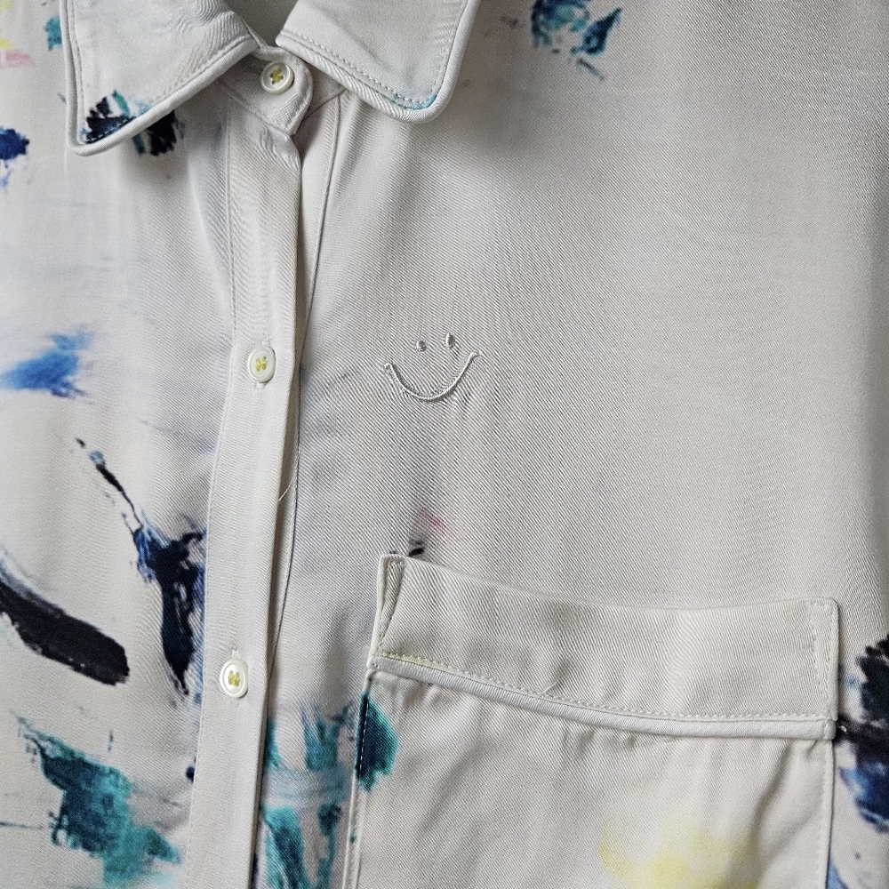 Kerri Rosenthal Silver White Paint Splatter Long Cuff Sleeve Button Down Blouse - Picture 9 of 14